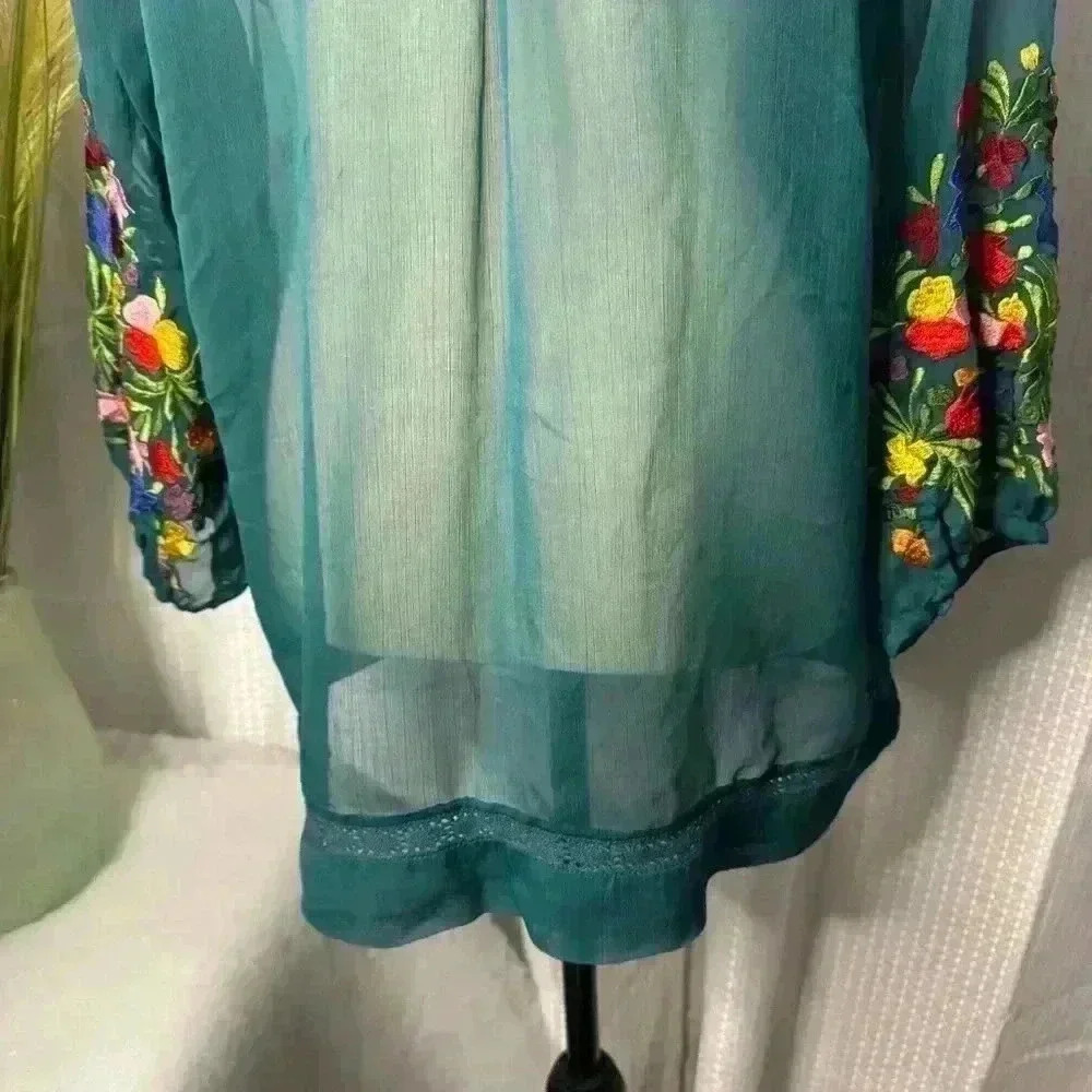 Anu Gorgeous Women’s Turquoise L/S Rayon Chiffon Embroidered Sheer Large Top - Picture 10 of 14